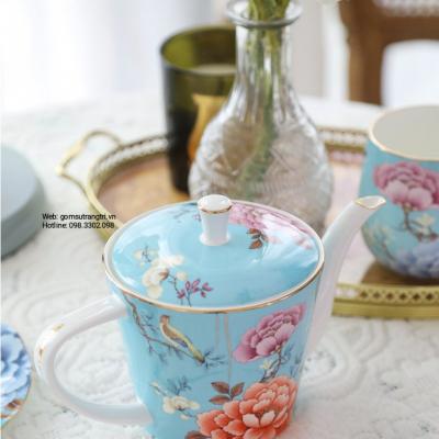 Bộ ấm chén hoa mẫu đơn viền vàng - phong cách châu âu